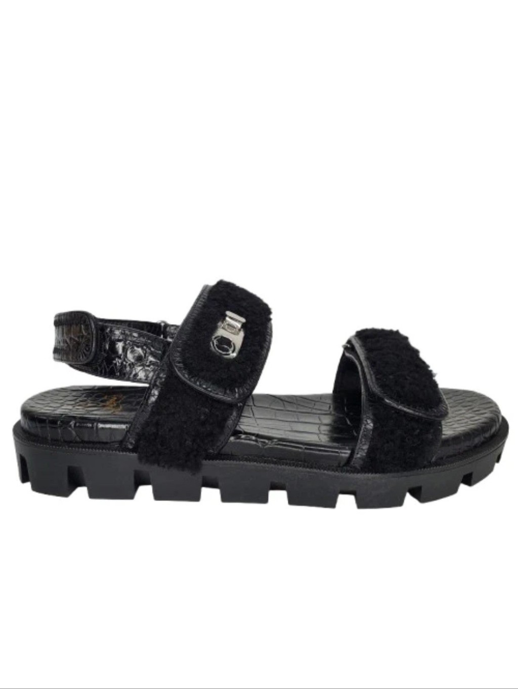 Christian Louboutin The Lock Black Wool Shearling Embossed Sandals
